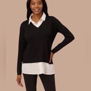 Adrianna Papell Black Sweater with White Shirt-Style Collar Women’s Medium Top